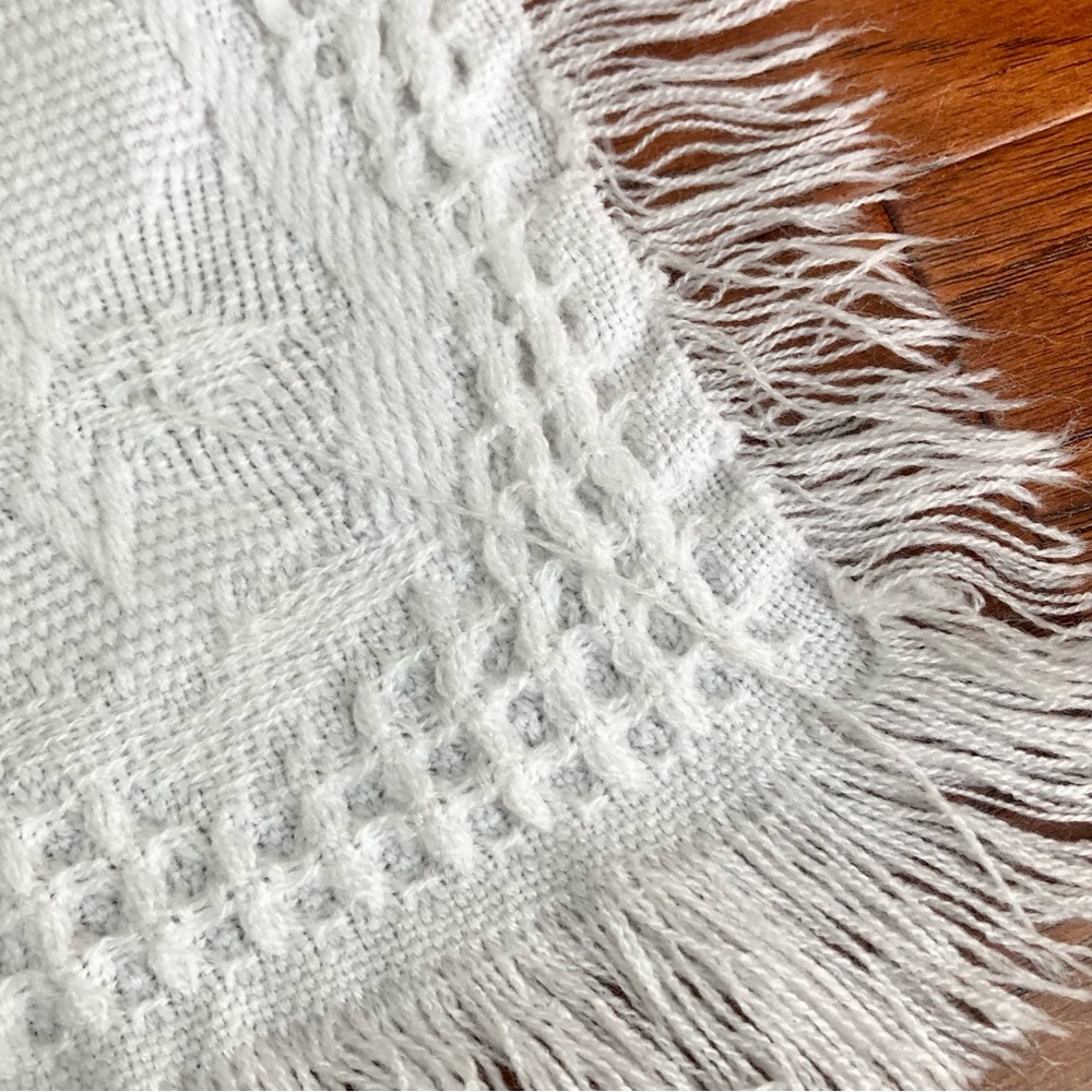 Vintage White Infant Baby Blanet Woven Shawl Acrylic Fringe Edges Made In Mexico